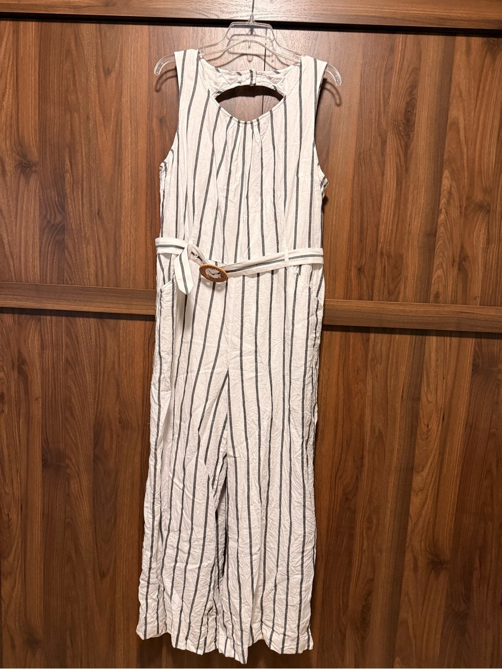 Talbots Ivory Jumpsuit with Black Vertical Stripes and Belt, Size 16